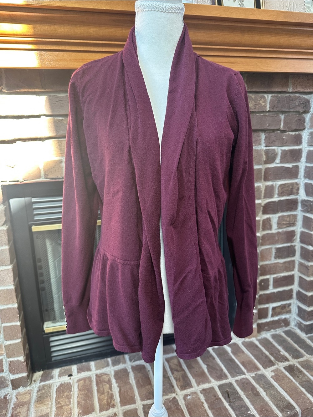 White House Black Market Open-Front Peplum Cardigan in Deep Wine Size M